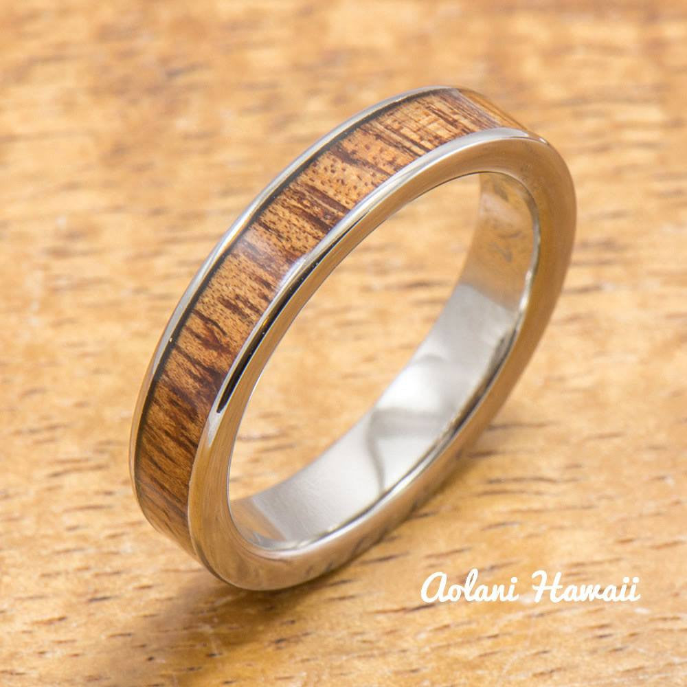 Titanium Ring with Hawaiian Koa Wood Inlay (4-6mm width, Flat Style) - Aolani Hawaii - 1