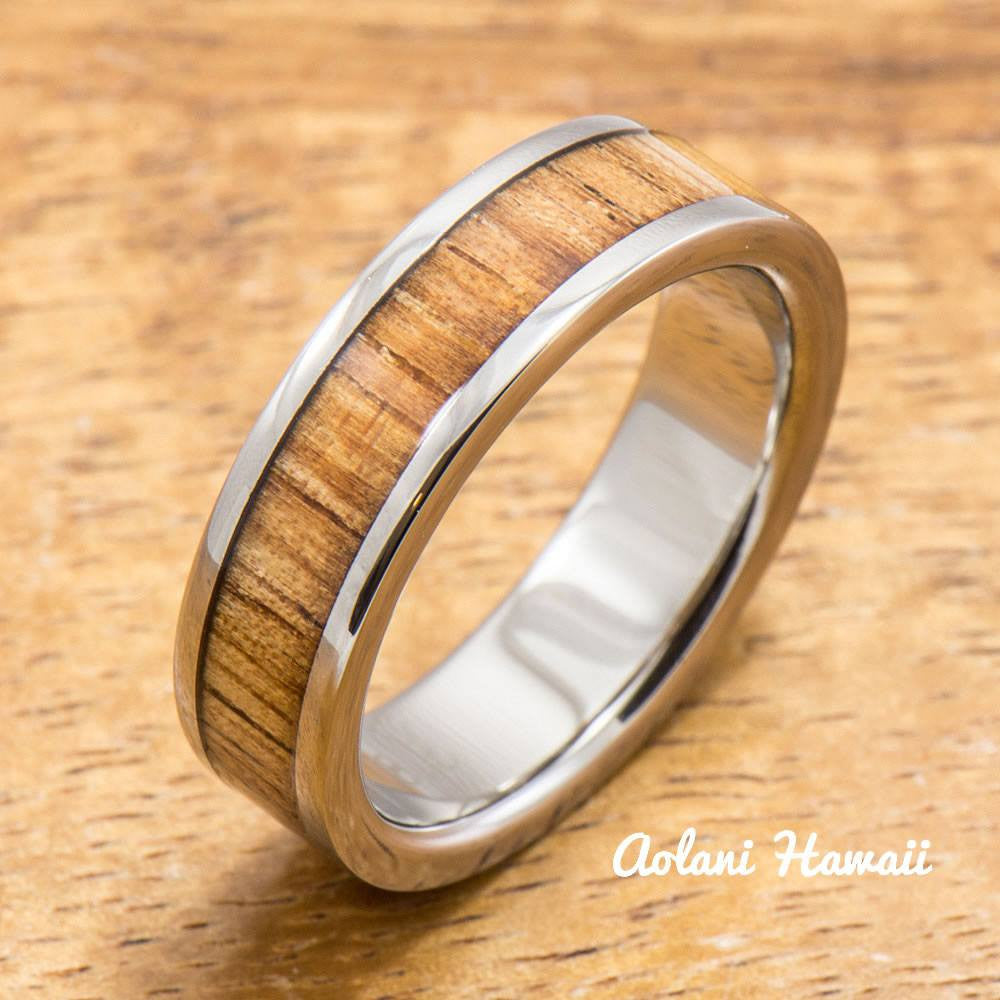 Titanium Ring with Hawaiian Koa Wood Inlay (4-6mm width, Flat Style) - Aolani Hawaii - 2