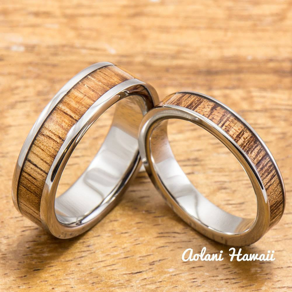 Titanium Ring with Hawaiian Koa Wood Inlay (4-6mm width, Flat Style) - Aolani Hawaii - 3