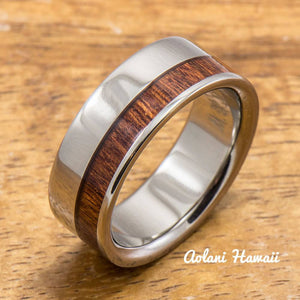 Titanium Ring with Hawaiian Koa Wood Inlay (6mm - 8 mm width, Flat Style) - Aolani Hawaii - 1