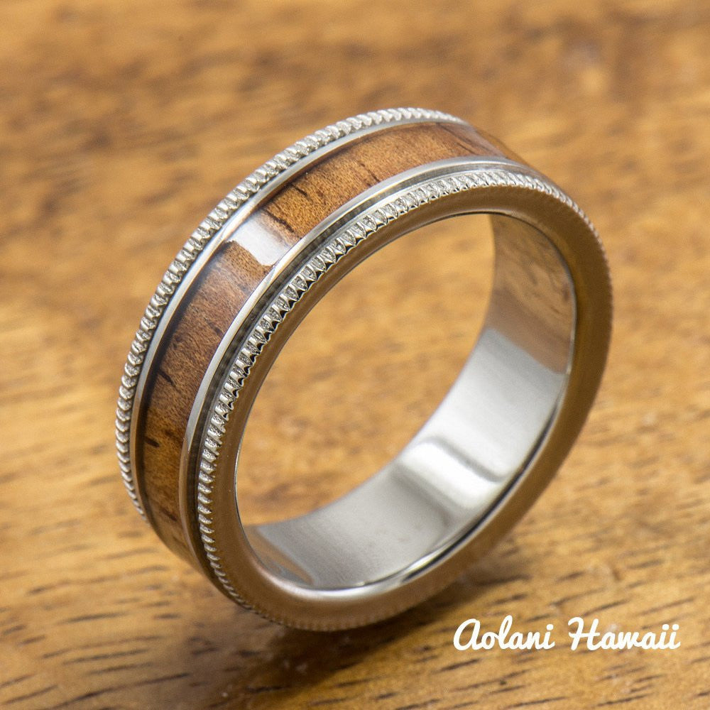 Titanium Ring with Hawaiian Koa Wood Inlay (6mm - 8 mm width, Flat Style) - Aolani Hawaii - 2