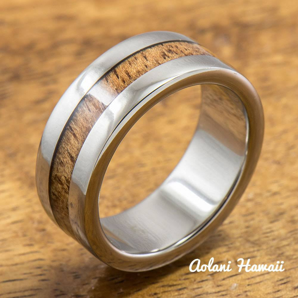 Titanium Ring with Hawaiian Koa Woodm Inlay (6mm - 8 mm width, Flat Style) - Aolani Hawaii - 1