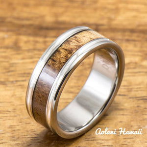 Titanium Ring with Koa Wood and Double Silver Line Inlay (8mm width, Flat Style) - Aolani Hawaii