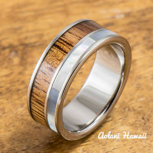 Titanium Ring with Koa Wood and Mother of Pearl Inlay (8mm width, Flat Style) - Aolani Hawaii
