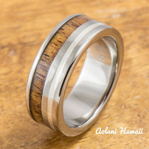 
            
                Load image into Gallery viewer, Titanium Ring with Koa Wood and Silver Line Inlay (8mm width, Flat Style) - Aolani Hawaii
            
        