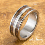 Titanium Ring with Koa Wood and Silver Line Inlay (8mm width, Flat Style) - Aolani Hawaii