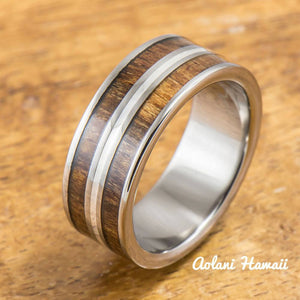 
            
                Load image into Gallery viewer, Titanium Ring with Koa Wood and Silver Line Inlay (8mm width, Flat Style) - Aolani Hawaii
            
        