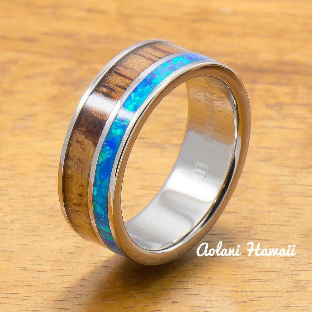 Titanium Ring with Opal and Hawaiian Koa Wood Inlay (8mm width, Flat Style) - Aolani Hawaii