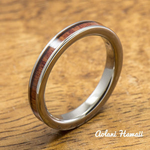 
            
                Load image into Gallery viewer, Titanium Ring with Tulip Wood Inlay (3mm width, Flat Style) - Aolani Hawaii
            
        