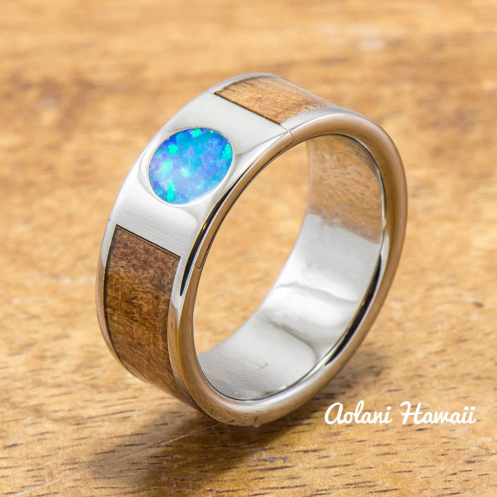 Titanium Ring with Turquoise and Hawaiian Koa Wood Inlay (8mm width, Flat Style) - Aolani Hawaii