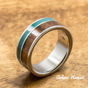 Titanium Ring with Turquoise and Hawaiian Koa Woodm Inlay (8mm width,  Flat Style) - Aolani Hawaii