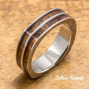 
            
                Load image into Gallery viewer, Titanium Square Ring with Hawaiian Koa Wood Inlay (6mm width, Flat Style) - Aolani Hawaii - 1
            
        