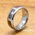 Tungsten Abalone Ring with Koa Wood Inlay Tungsten Ring (6mm - 8mm Width, Barrel style) - Aolani Hawaii - 1