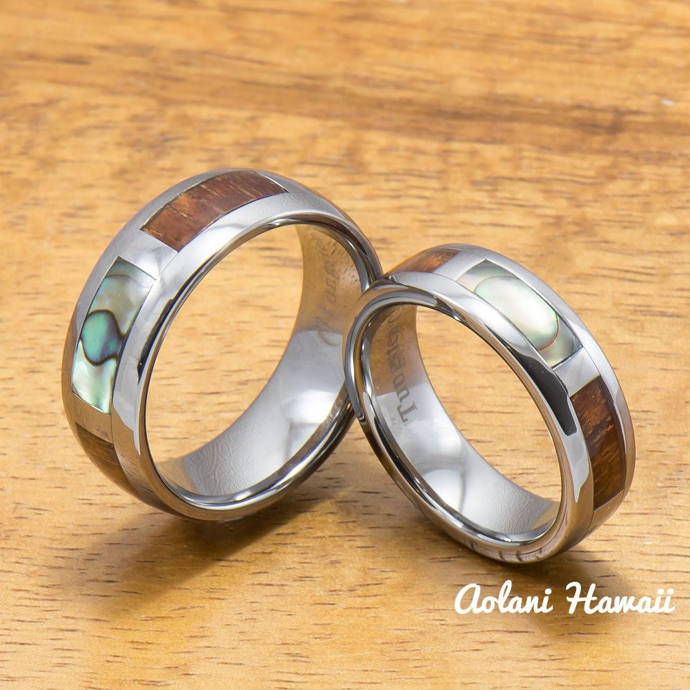 Tungsten Abalone Wedding Band Set with Mother of Pearl Abalone and Koa Wood Inlay (6mm - 8mm Width) - Aolani Hawaii - 1