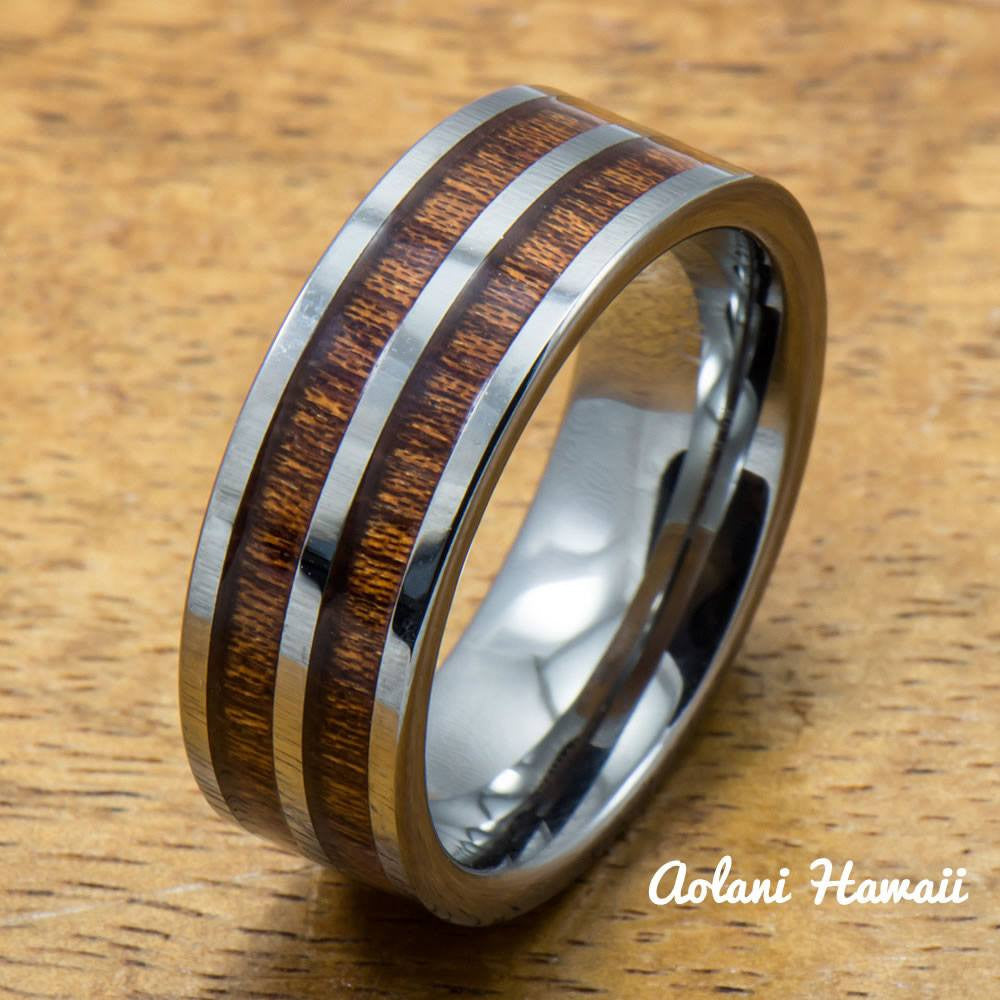 Tungsten Koa Ring with Hawaiian Wood Inlay (8mm width, Flat style) - Aolani Hawaii