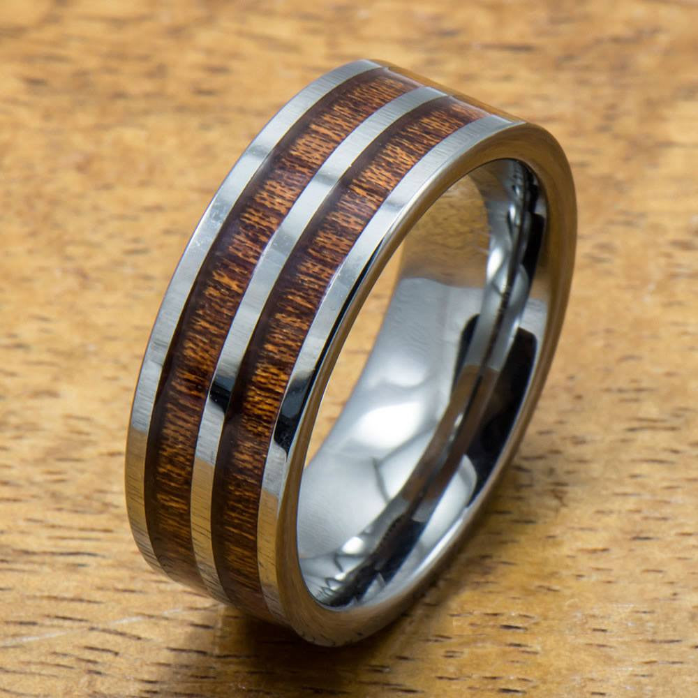 Tungsten Koa Ring with Hawaiian Wood Inlay (8mm width, Flat style)