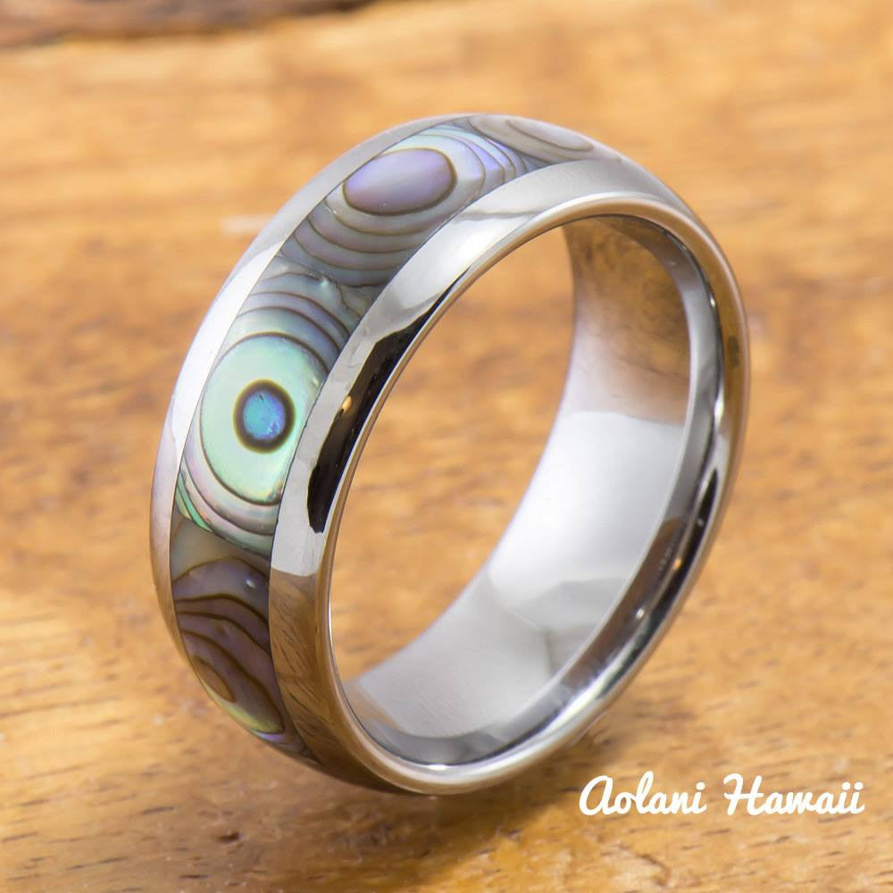 Tungsten Wedding Band Set with Mother of Pearl Abalone Inlay (4mm - 8mm Width) - Aolani Hawaii - 2