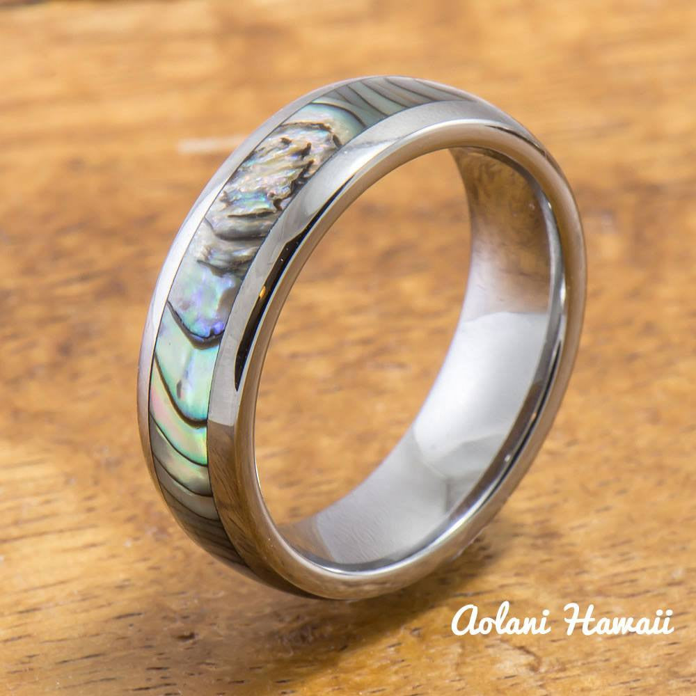 
            
                Load image into Gallery viewer, Tungsten Ring with Abalone Inlay (4mm - 8mm Width, Barrel style) - Aolani Hawaii - 2
            
        