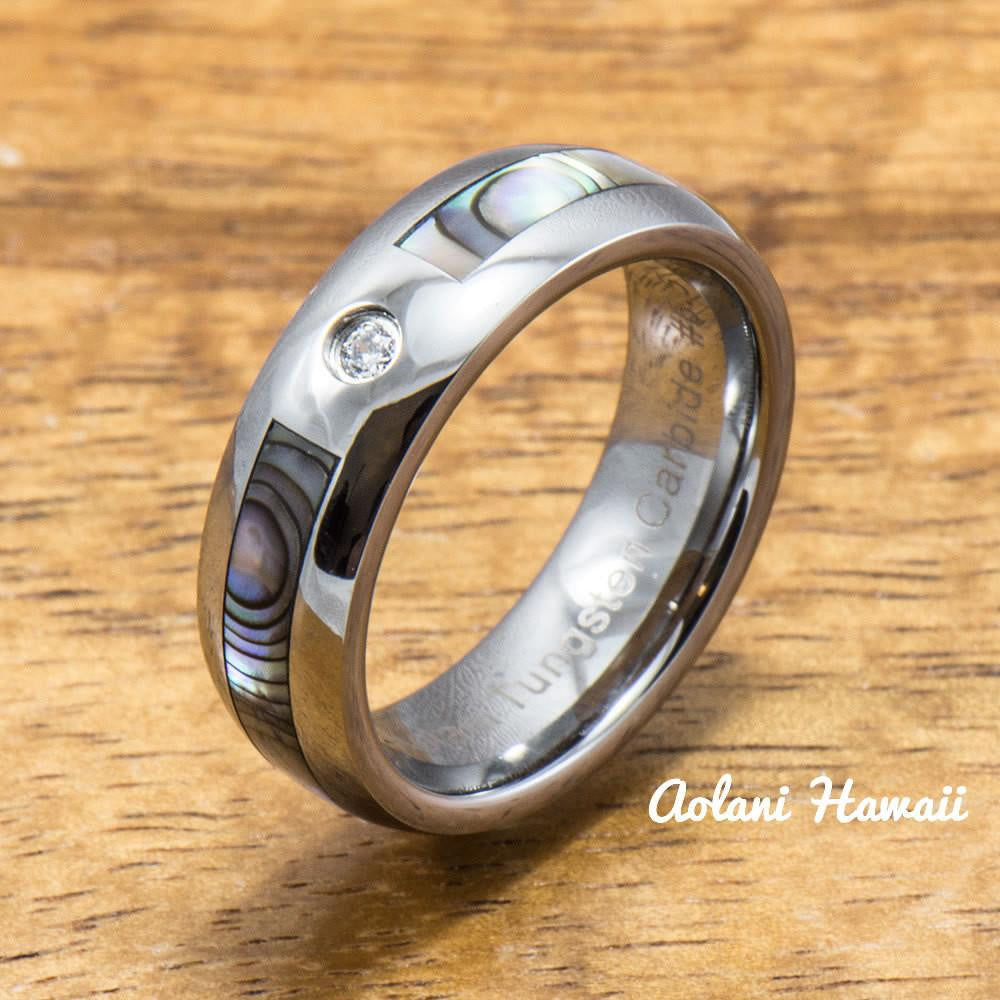 CZ Cubic Zirconia Stone Tungsten Ring with Abalone Inlay (6mm Width, Barrel style) - Aolani Hawaii