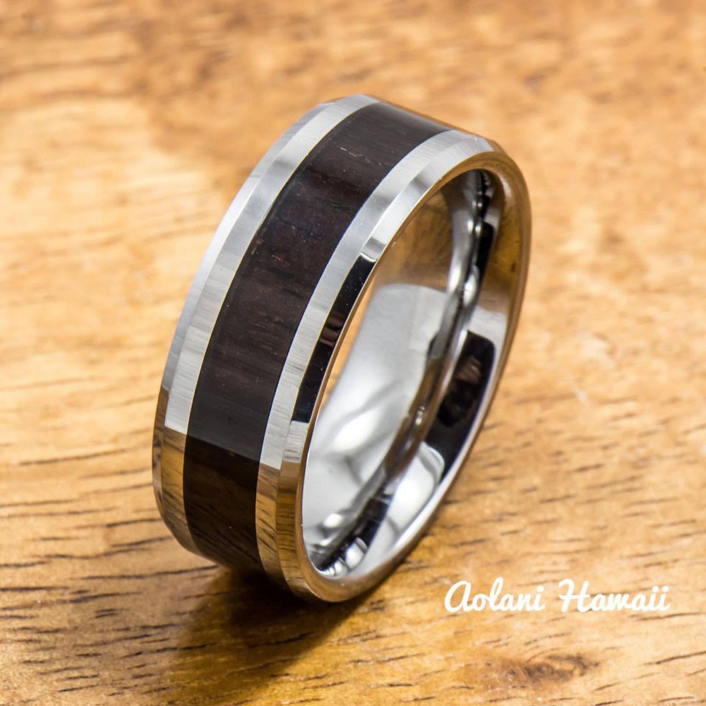 
            
                Load image into Gallery viewer, Tungsten Ring with Cocobolo Wood Inlay (8mm width, Flat style) - Aolani Hawaii
            
        