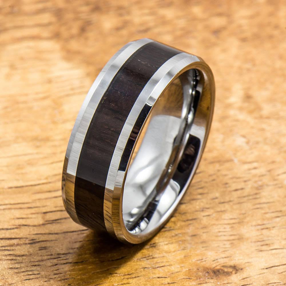 Tungsten Ring with Cocobolo Wood Inlay (8mm width, Flat style)