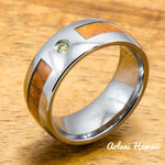 Tungsten Ring with Hawaiian Koa Wood (8mm width Peridot Stone, Barrel style) - Aolani Hawaii
