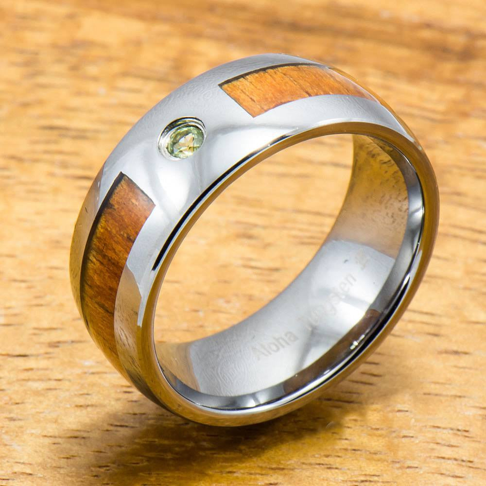 Tungsten Ring with Hawaiian Koa Wood (8mm width Peridot Stone, Barrel style)