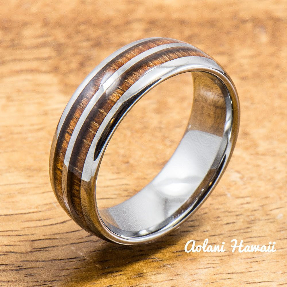 Tungsten Ring with Hawaiian Wood Inlay (6mm - 8mm width, Barrel style) - Aolani Hawaii - 1