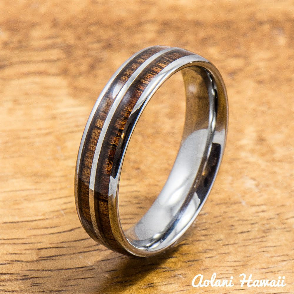 Tungsten Ring with Hawaiian Wood Inlay (6mm - 8mm width, Barrel style) - Aolani Hawaii - 2