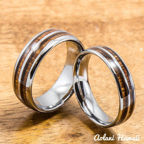 Tungsten Wedding Band Set with Hawaiian Koa Wood Inlay (6mm & 8mm width) - Aolani Hawaii - 1