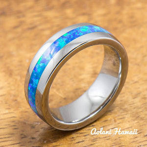 Wedding Band Set of Tungsten Rings with Opal Inlay (6mm & 4mm width, Barrel Style) - Aolani Hawaii - 2