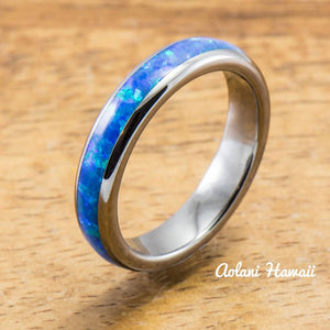 Wedding Band Set of Tungsten Rings with Opal Inlay (6mm & 4mm width, Barrel Style) - Aolani Hawaii - 3