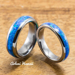 Wedding Band Set of Tungsten Rings with Opal Inlay (6mm & 4mm width, Barrel Style) - Aolani Hawaii - 1