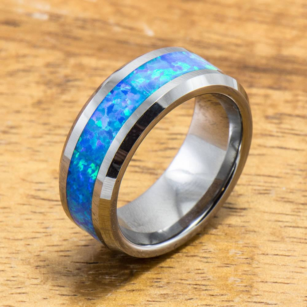 Tungsten Ring with Opal Inlay (4mm - 8mm width, Flat style)