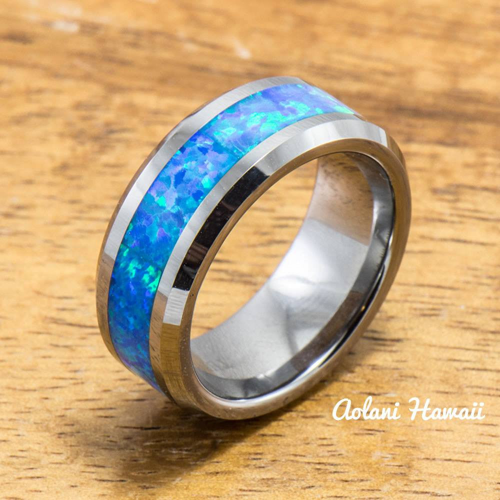 Wedding Band Set of Tungsten Rings with Opal Inlay (8mm & 4mm width, Flat Style) - Aolani Hawaii - 2