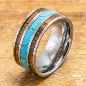 
            
                Load image into Gallery viewer, Tungsten Ring with Turquoise And Koa Wood Inlay (10mm width, Flat style) - Aolani Hawaii
            
        