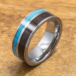 Turquoise Tungsten Ring with Dark Koa Wood Inlay (6mm - 8mm Width, Flat style)