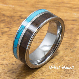
            
                Load image into Gallery viewer, Turquoise Tungsten Rings Set with Dark Koa Wood Inlay (6mm &amp;amp; 8mm width, Flat Style) - Aolani Hawaii - 2
            
        
