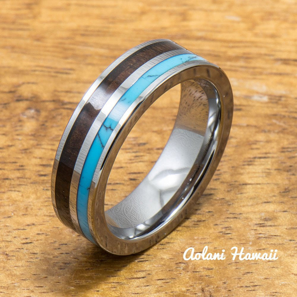 Turquoise Tungsten Ring with Dark Koa Wood Inlay (6mm - 8mm Width, Flat style) - Aolani Hawaii - 2