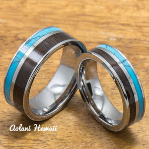 Turquoise Tungsten Ring with Dark Koa Wood Inlay (6mm - 8mm Width, Flat style) - Aolani Hawaii - 3