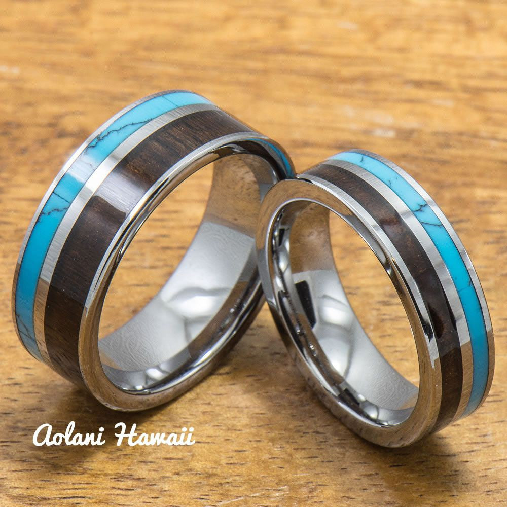 Turquoise Tungsten Rings Set with Dark Koa Wood Inlay (6mm & 8mm width, Flat Style) - Aolani Hawaii - 1