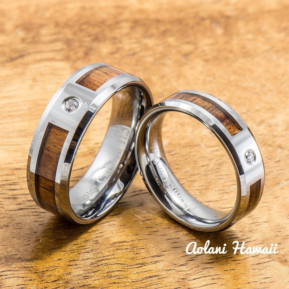 
            
                Load image into Gallery viewer, Wedding Band - Hawaiian Koa Wood Tungsten Ring (6mm - 8mm width CZ Stone, Flat style) - Aolani Hawaii - 3
            
        
