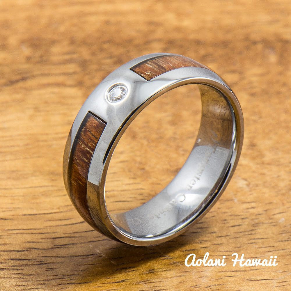 
            
                Load image into Gallery viewer, Wedding Ring - Tungsten Ring with Hawaiian Koa Wood (6mm - 8mm width CZ Stone, Barrel style) - Aolani Hawaii - 1
            
        