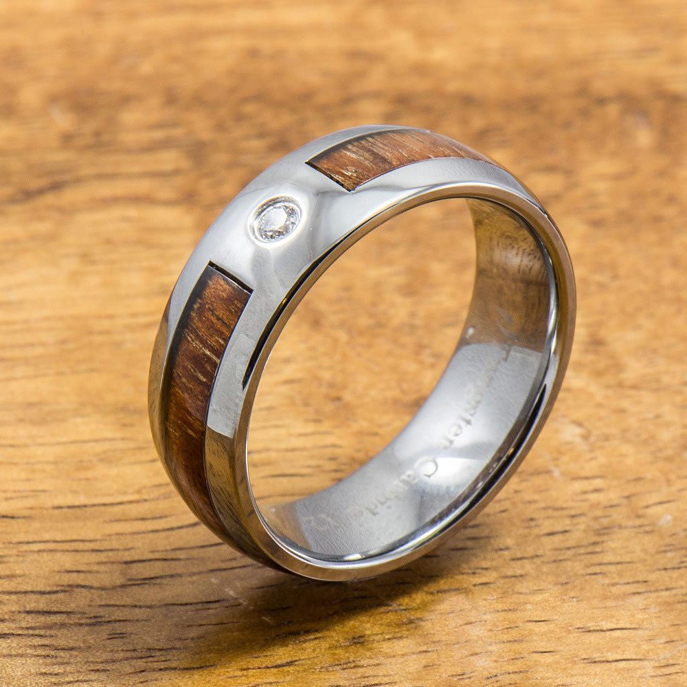 Wedding Ring - Tungsten Ring with Hawaiian Koa Wood (6mm - 8mm width CZ Stone, Barrel style)