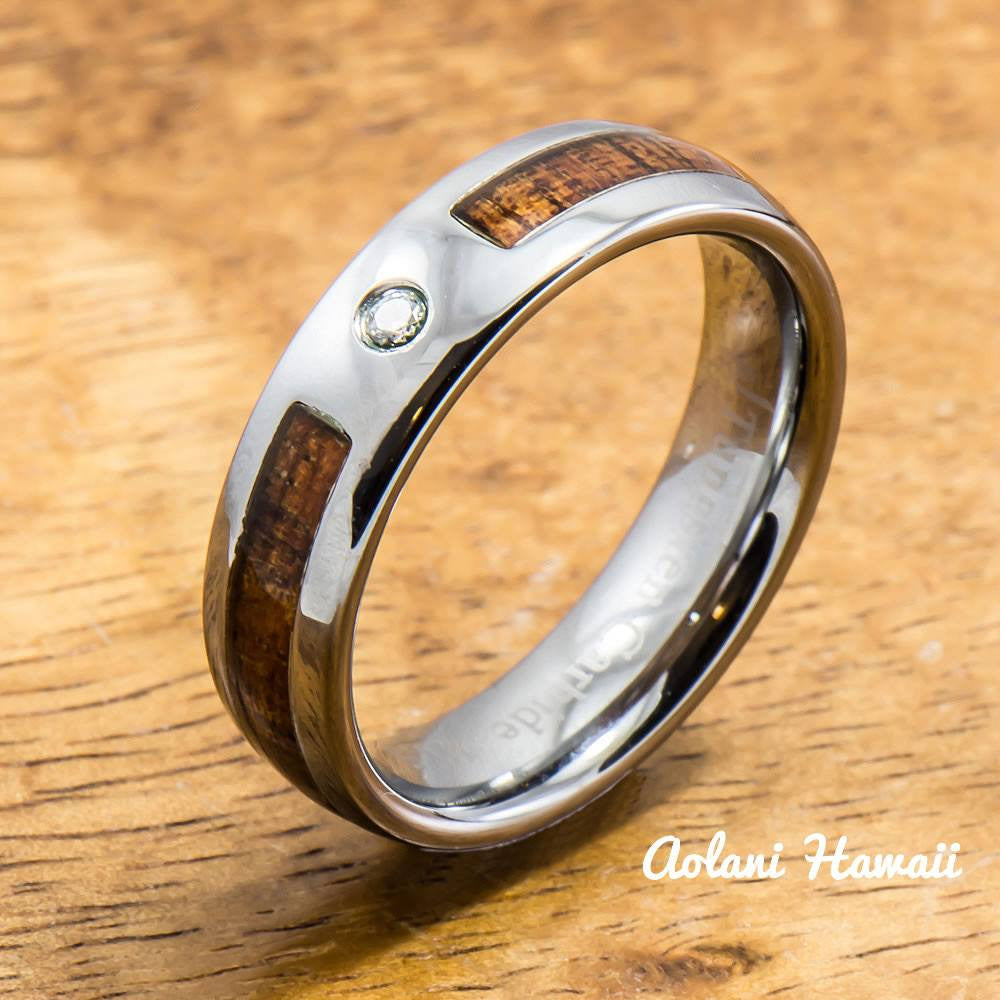 Wedding Ring - Tungsten Ring with Hawaiian Koa Wood (6mm - 8mm width CZ Stone, Barrel style) - Aolani Hawaii - 2