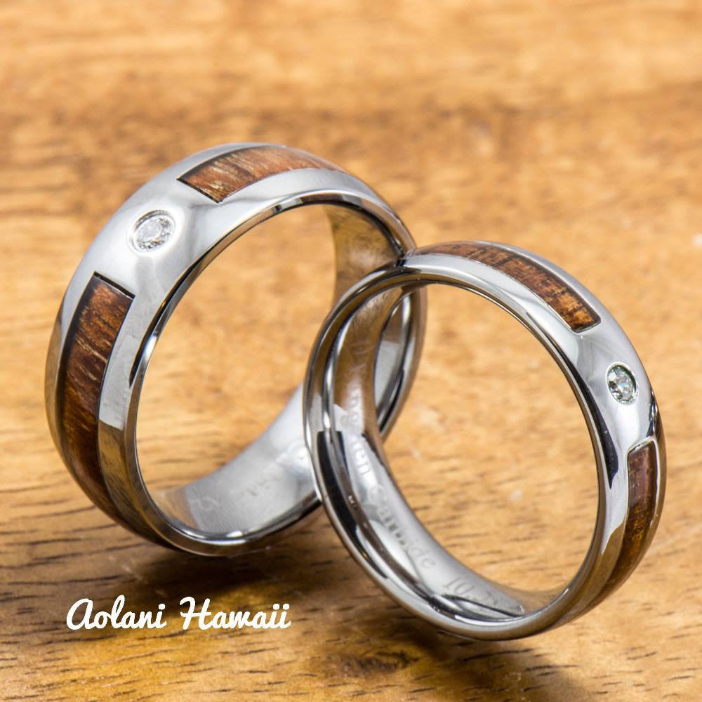 Wedding Ring - Tungsten Ring with Hawaiian Koa Wood (6mm - 8mm width CZ Stone, Barrel style) - Aolani Hawaii - 3