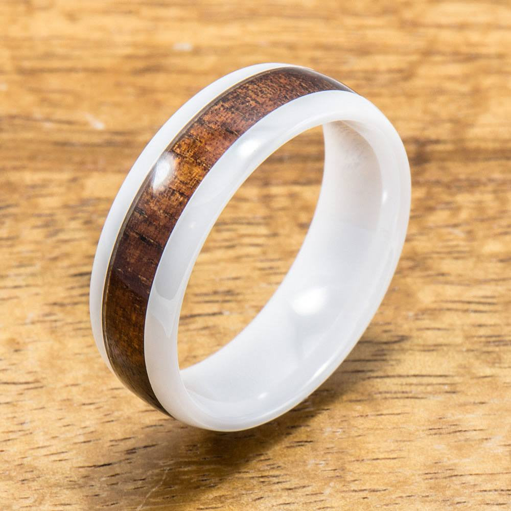 
            
                Load image into Gallery viewer, White Ceramic Ring with Hawaiian Koa Wood (4mm - 8 mm width, Barrel style)
            
        