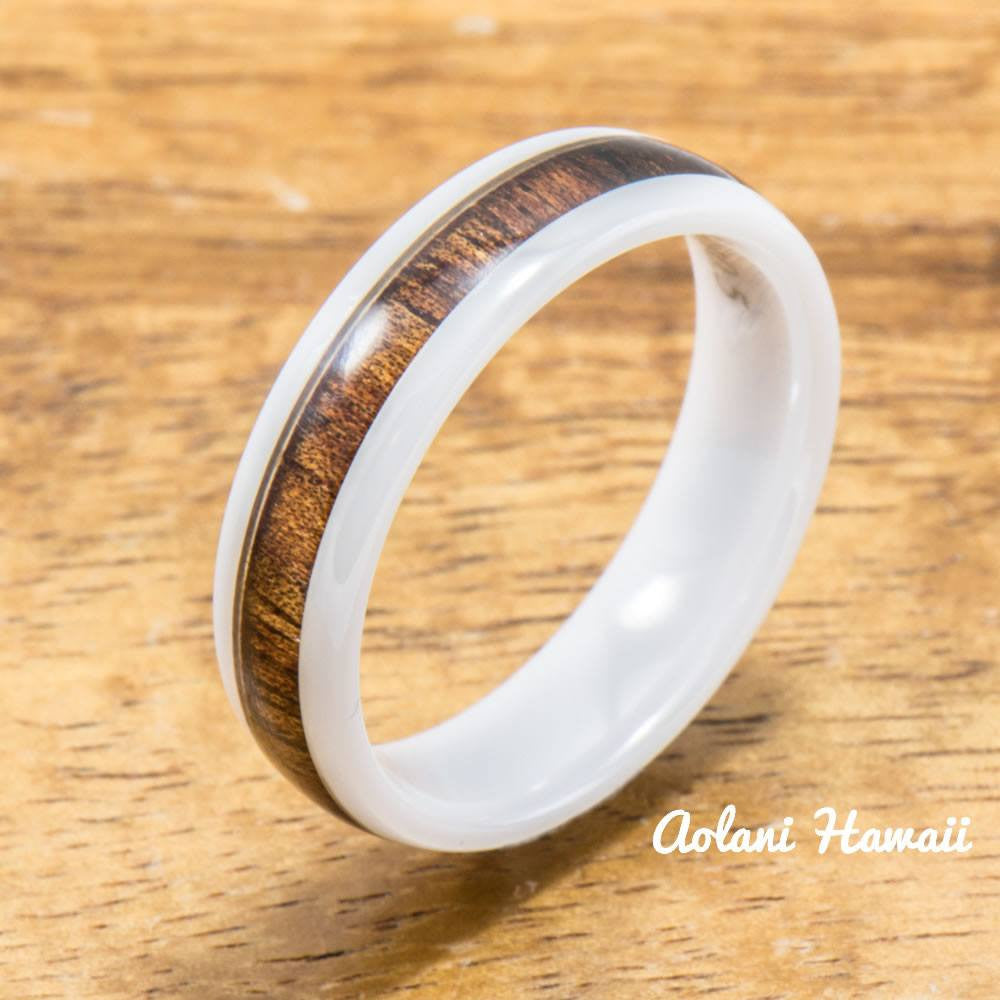White Ceramic Ring with Hawaiian Koa Wood (4mm - 8 mm width, Barrel style) - Aolani Hawaii - 2