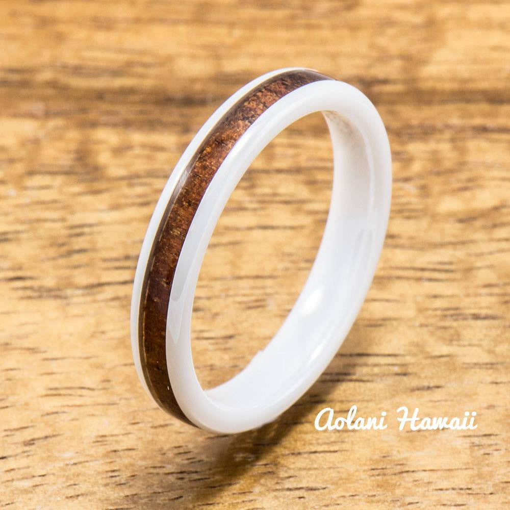 White Ceramic Ring with Hawaiian Koa Wood (4mm - 8 mm width, Barrel style) - Aolani Hawaii - 3
