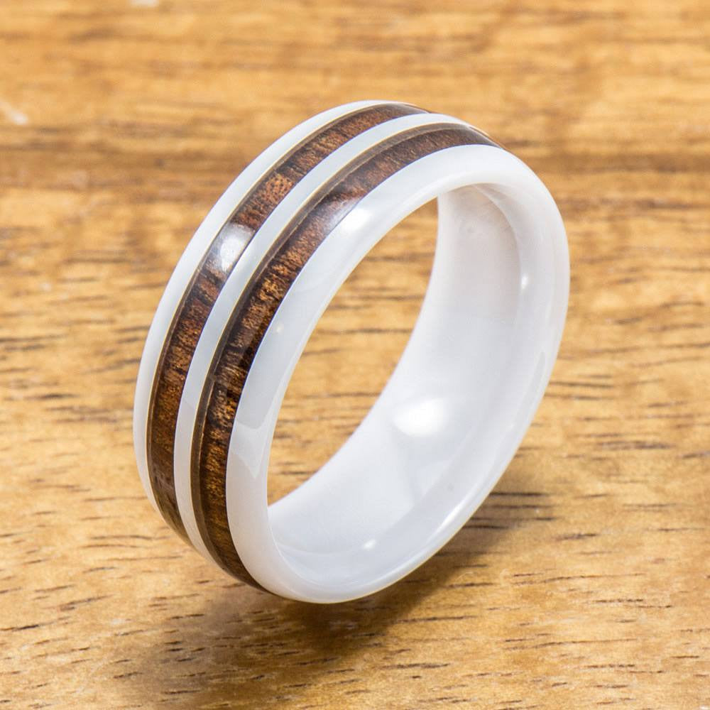 White Ceramic Rings with Double Hawaiian Koa Wood Inlay (6mm - 8mm width, Barrel style )